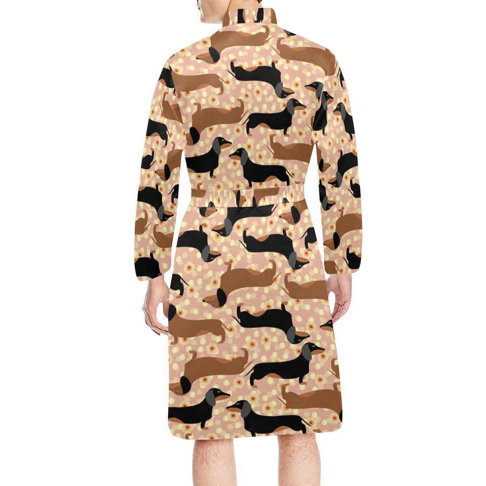 Dachshund floral background Men's Long Sleeve Belted Night Robe