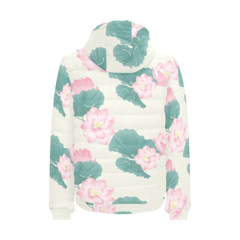 Pink lotus waterlily leaves pattern Men's Padded Hooded Jacket