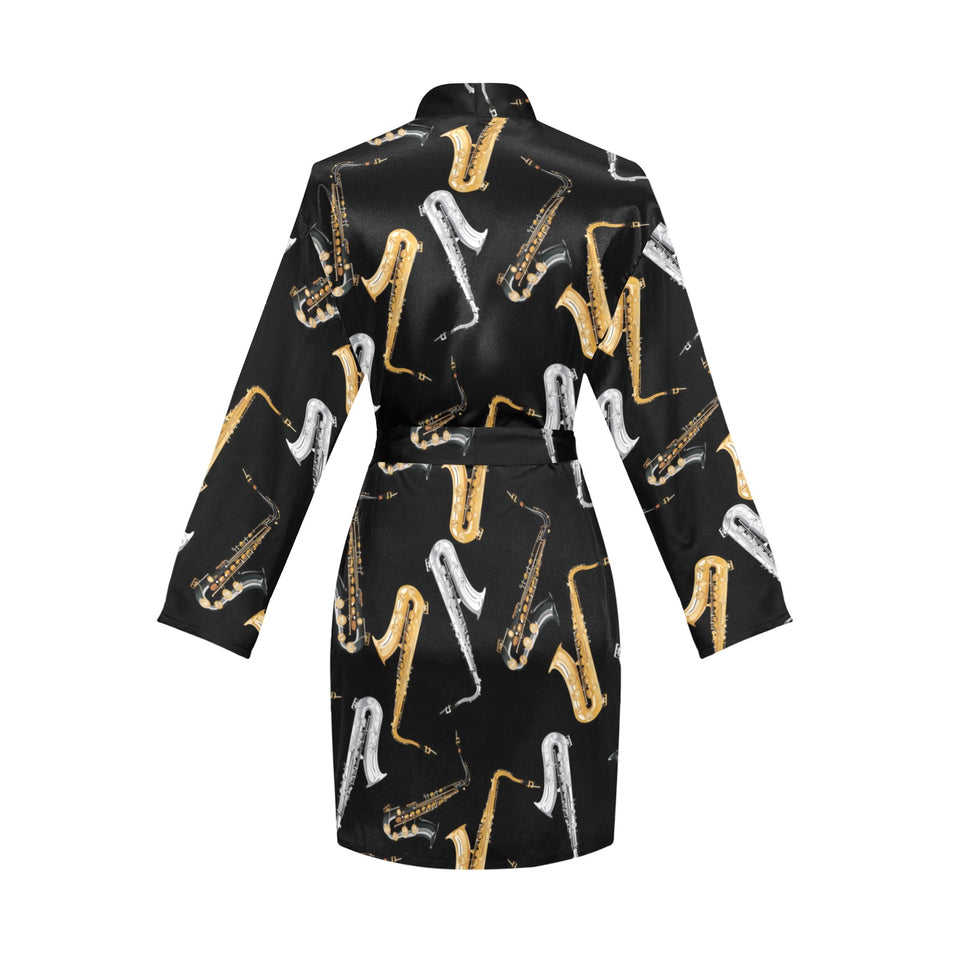 saxophone design pattern Women's Long Sleeve Belted Night Robe