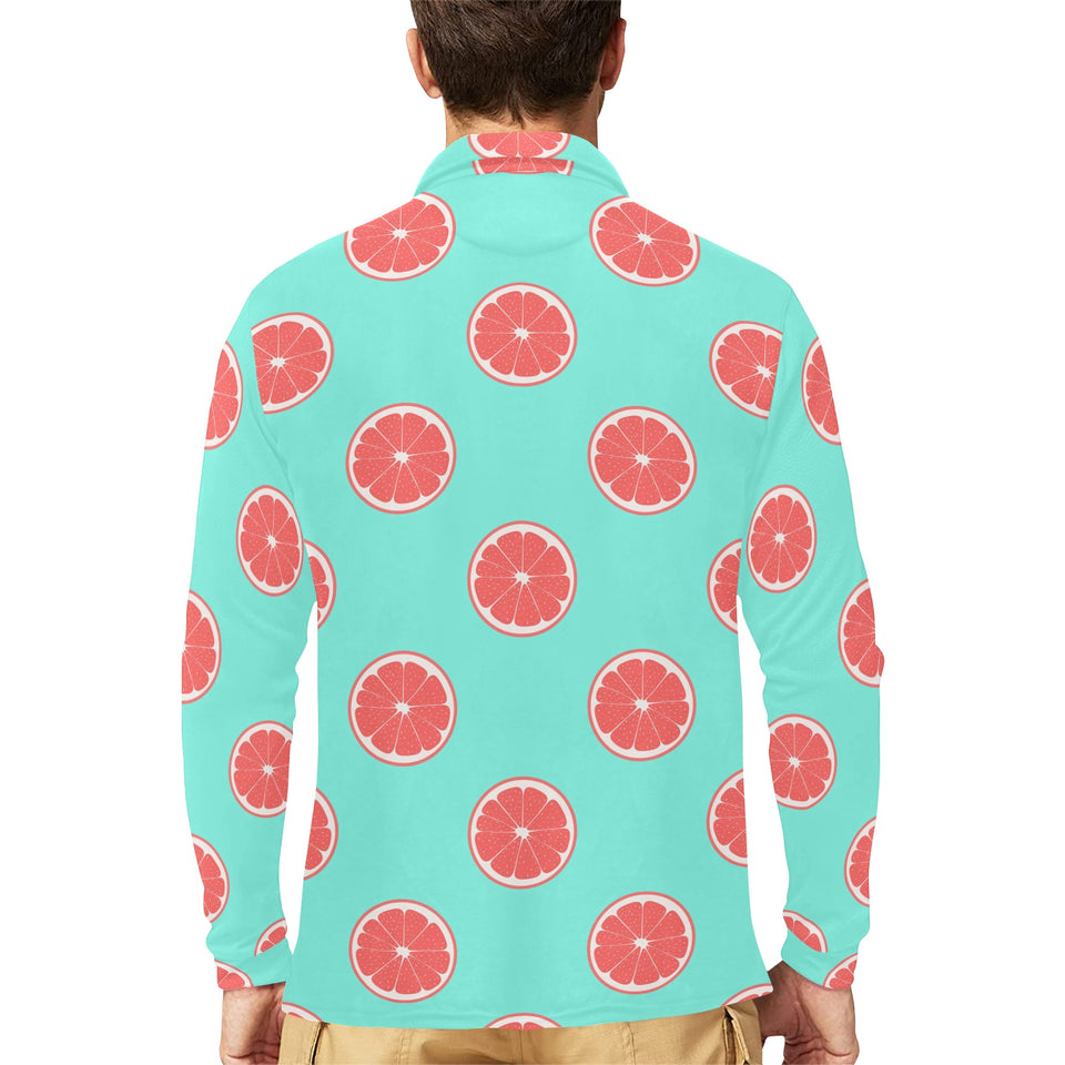 Grapefruit green background Men's Long Sleeve Polo Shirt