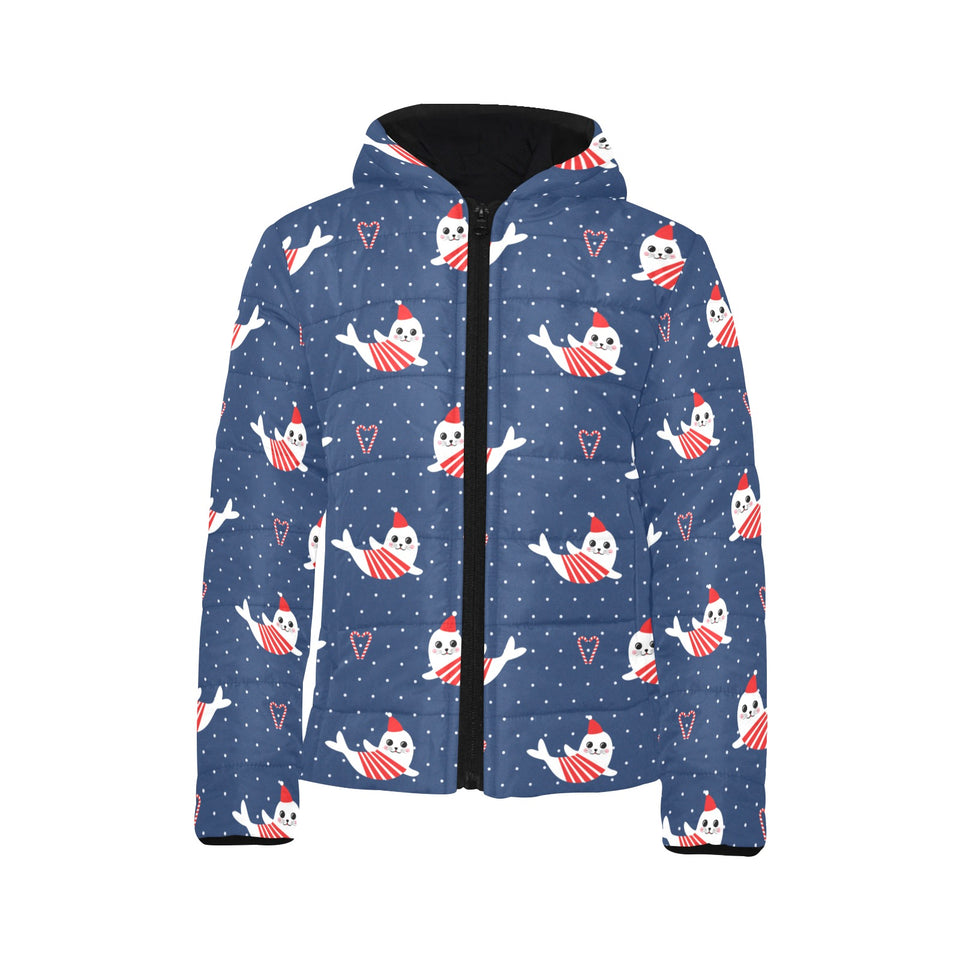 Cute sea lion seal christmas hat candy cane heart Kids' Boys' Girls' Padded Hooded Jacket