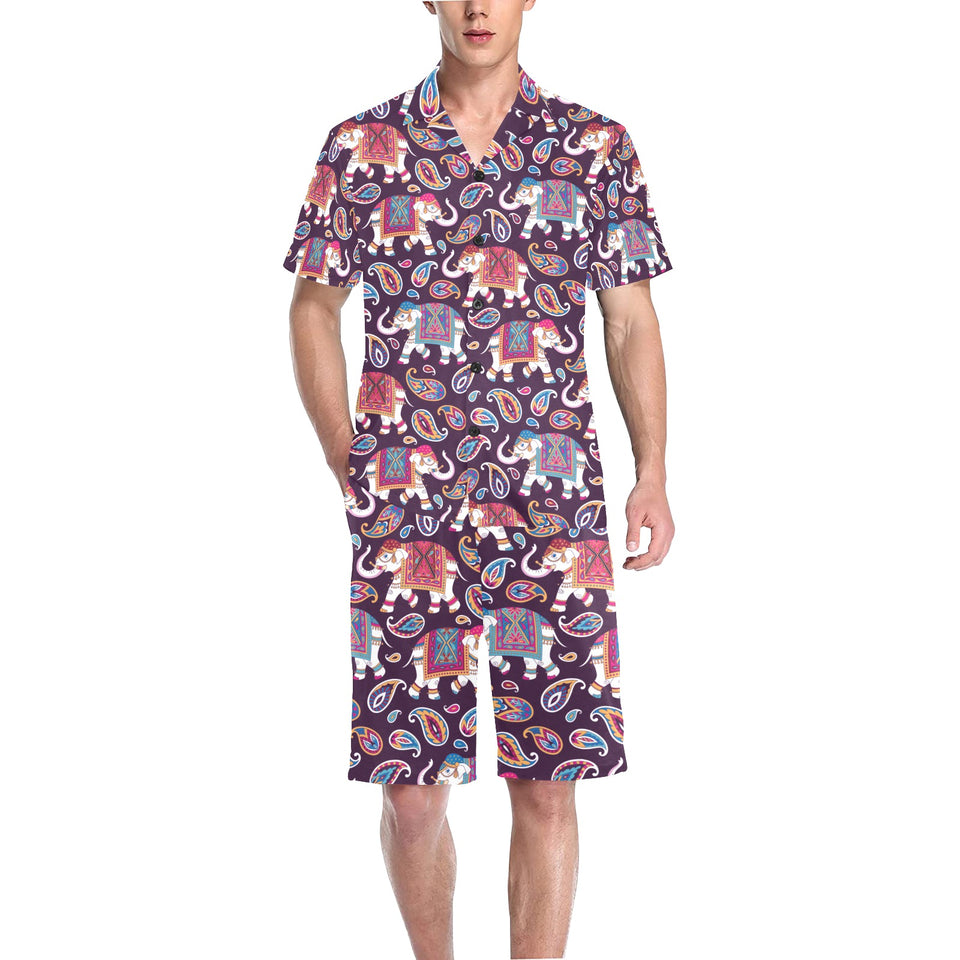 Elephant indian style ornament pattern Men's V-Neck Short Pajama Set