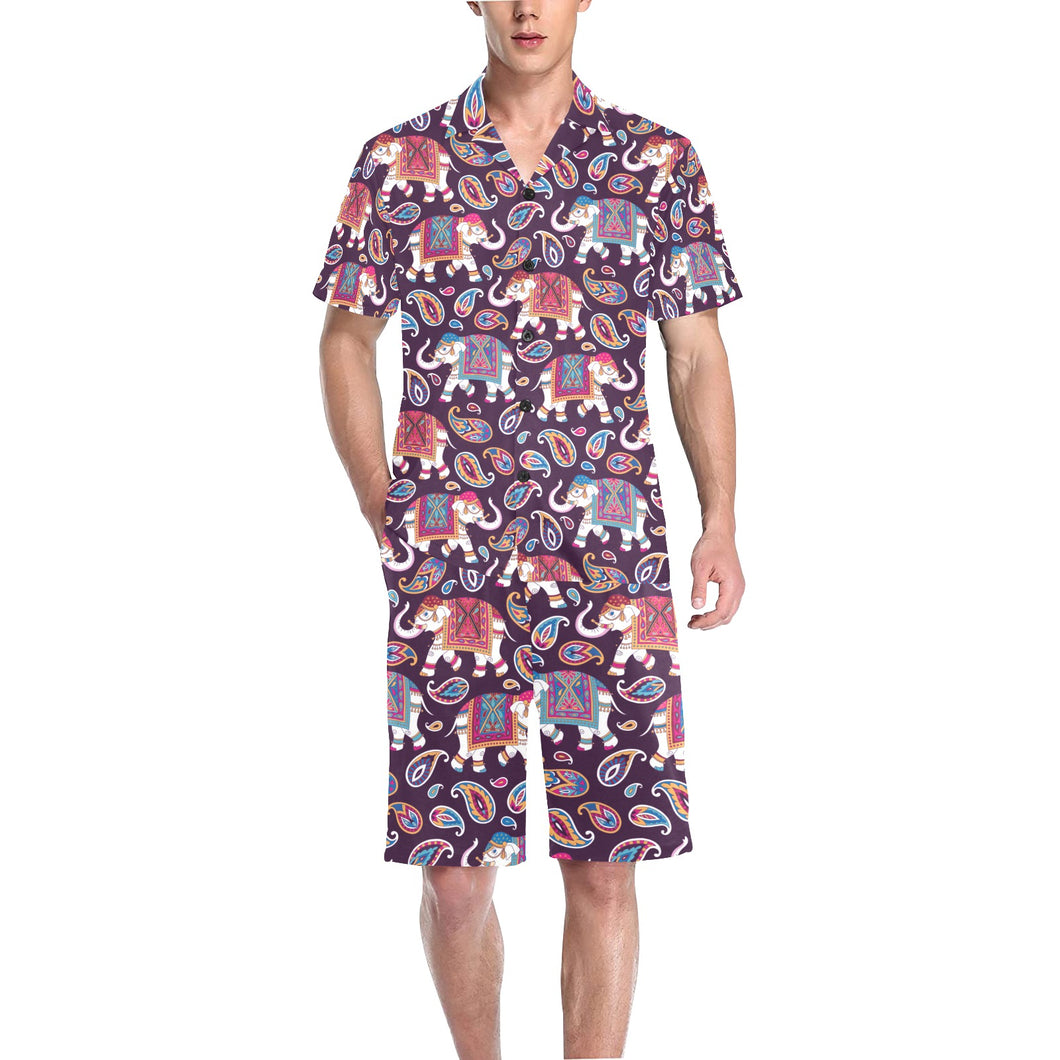 Elephant indian style ornament pattern Men's V-Neck Short Pajama Set