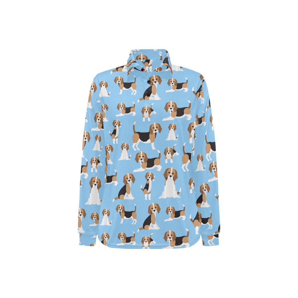 Beagle dog blue background pattern Women's Long Sleeve Polo Shirt