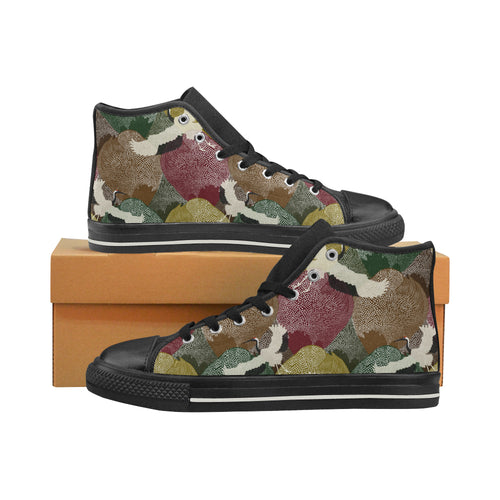 Japanese cranes flying forest dot pattern Women's High Top Canvas Shoes Black