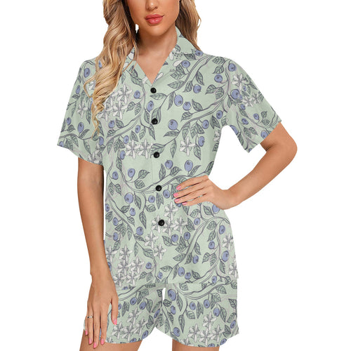 hand drawn blueberry pattern Women's V-Neck Short Pajama Set