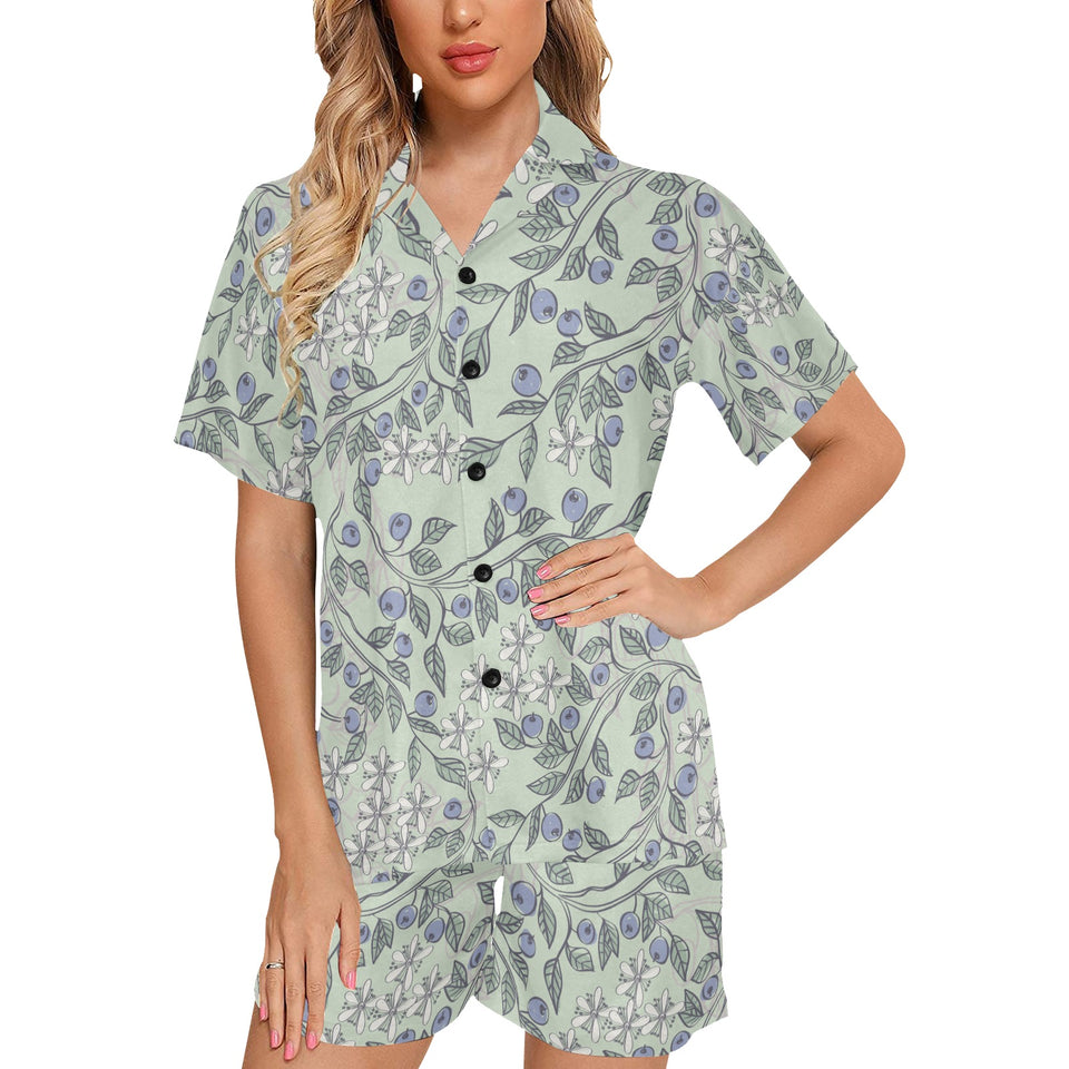 hand drawn blueberry pattern Women's V-Neck Short Pajama Set