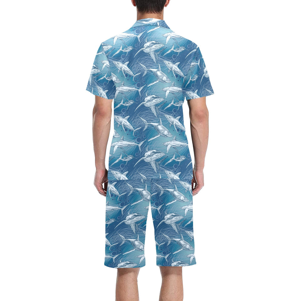 Shark hand drawn Men's V-Neck Short Pajama Set
