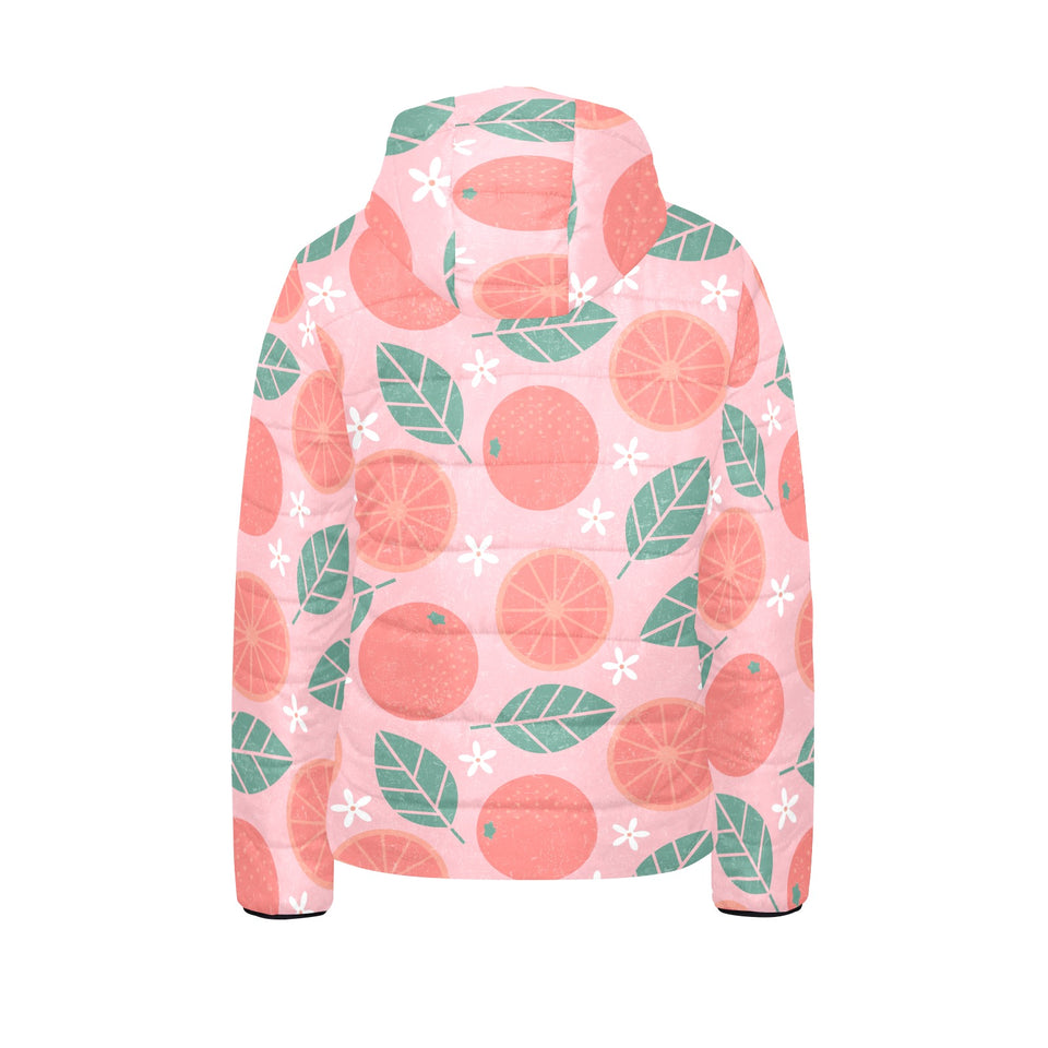 Grapefruit leaves flower pink background Kids' Boys' Girls' Padded Hooded Jacket