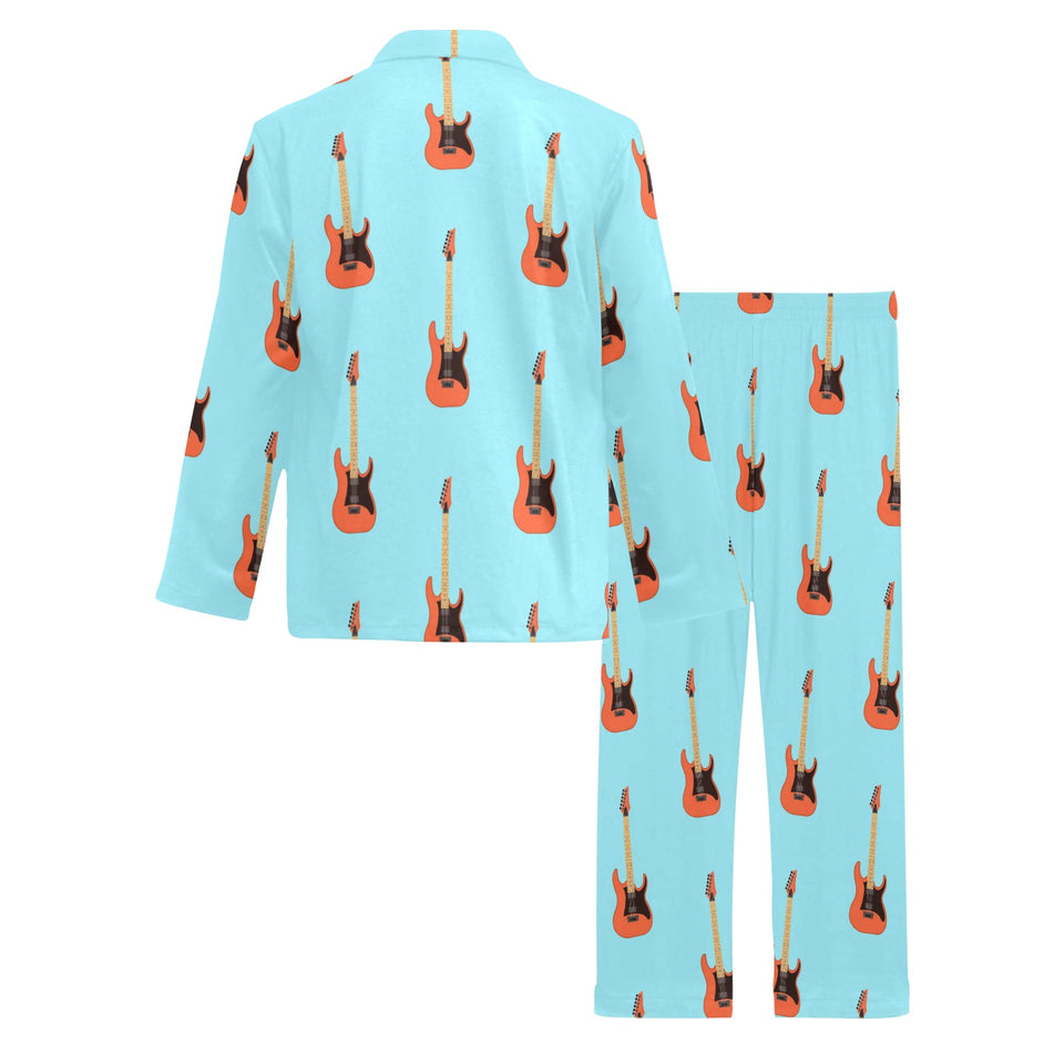 electric guitar pattern light blue background Men's Long Pajama Set