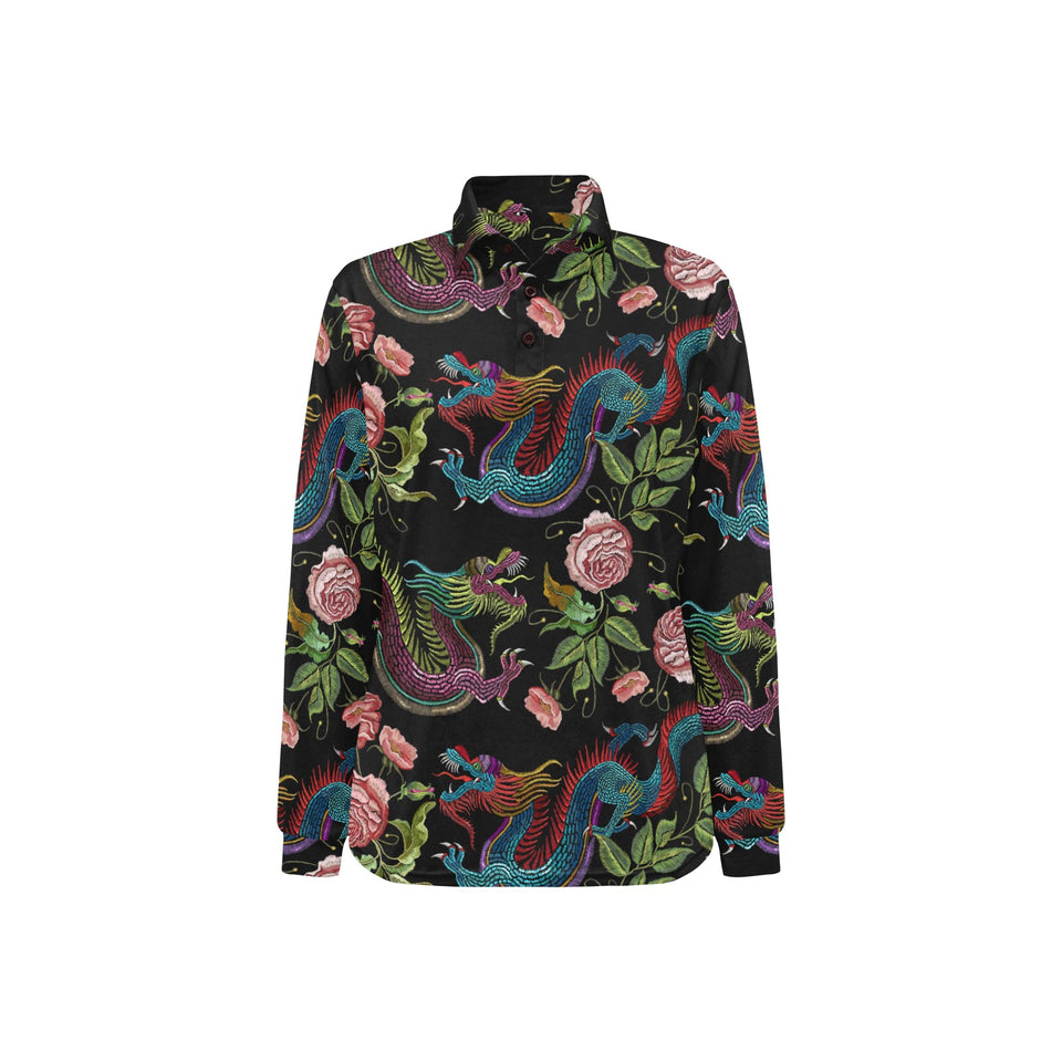 Dragons flower pattern Women's Long Sleeve Polo Shirt