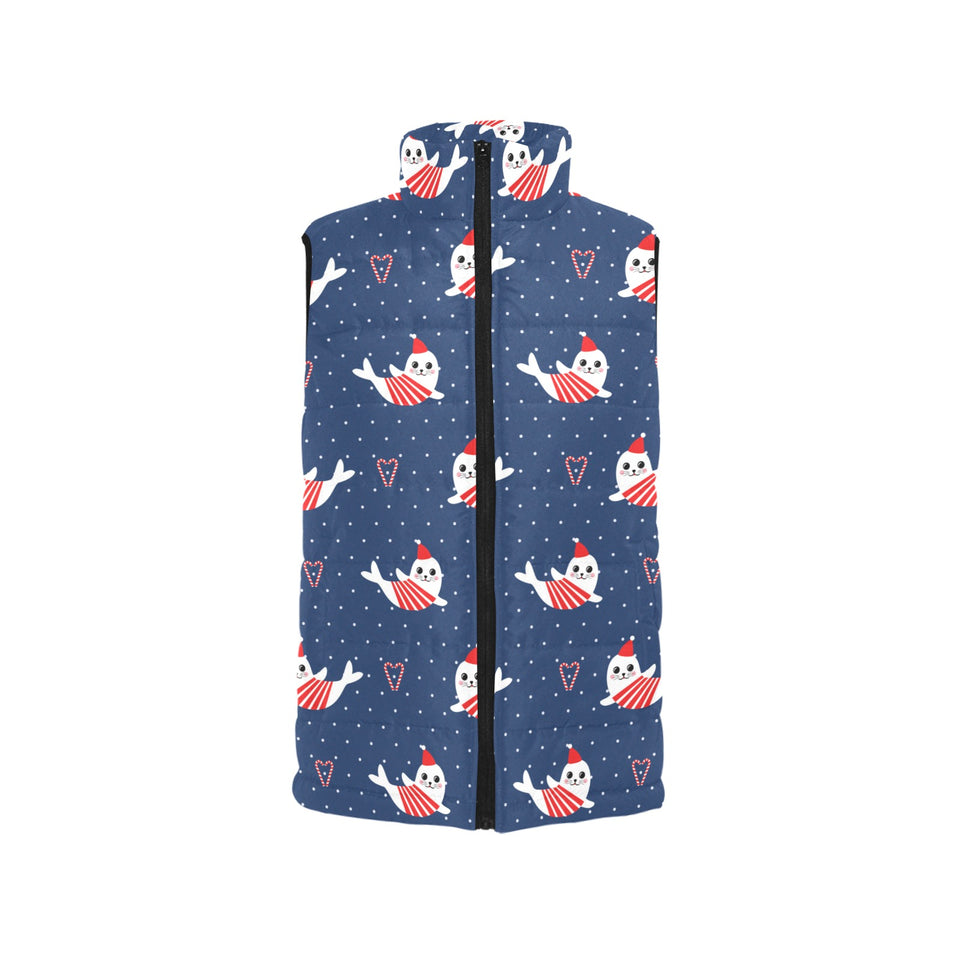 Cute sea lion seal christmas hat candy cane heart Women's Padded Vest