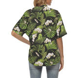 White orchid flower tropical leaves pattern blackg Women's All Over Print Hawaiian Shirt