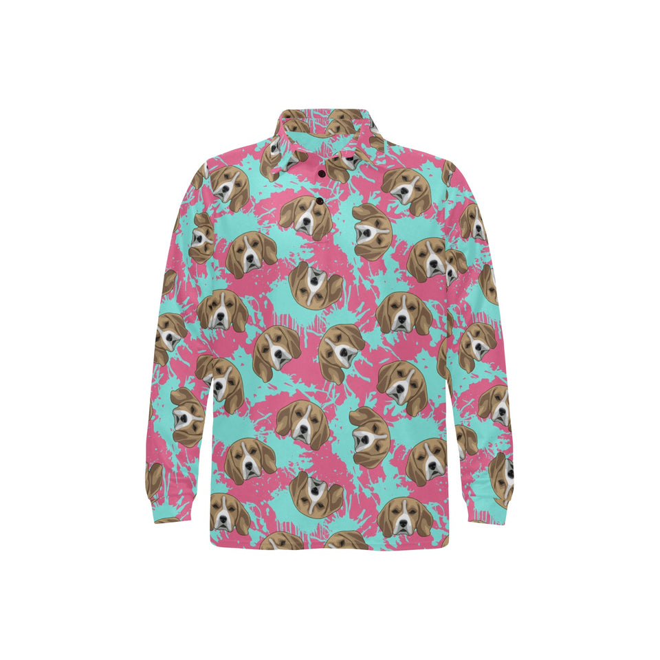 Beagle muzzles turquoise paint splashes pink patte Men's Long Sleeve Polo Shirt