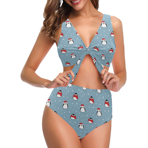Cute penguin christmas snow pattern Chest Bowknot High Waisted Bikini Swimsuit