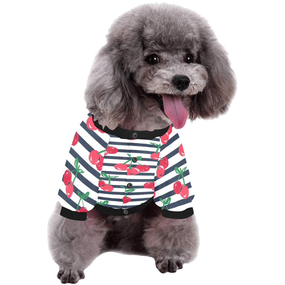 Hand drawn cherry pattern striped background All Over Print Pet Dog Round Neck Fuzzy Shirt