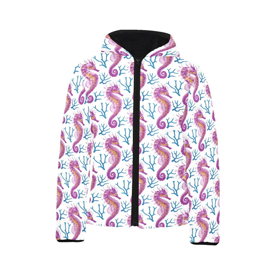 Purple seahorse blue coral pattern Kids' Boys' Girls' Padded Hooded Jacket