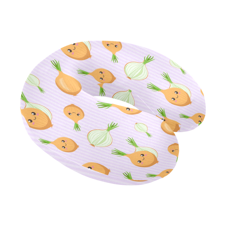 cute onions smiling faces purple background U-Shaped Travel Neck Pillow