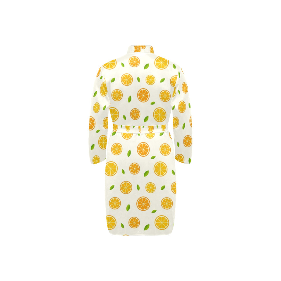 oranges leaves pattern Men's Long Sleeve Belted Night Robe