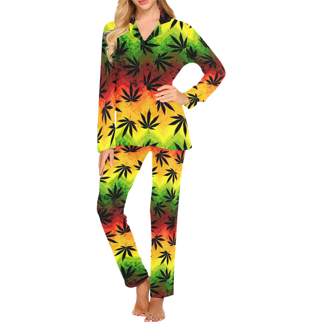 Canabis Marijuana Weed Pattern Print Design 03 Women's Long Pajama Set