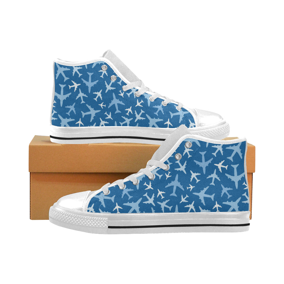 Airplane pattern in the sky Men's High Top Canvas Shoes White