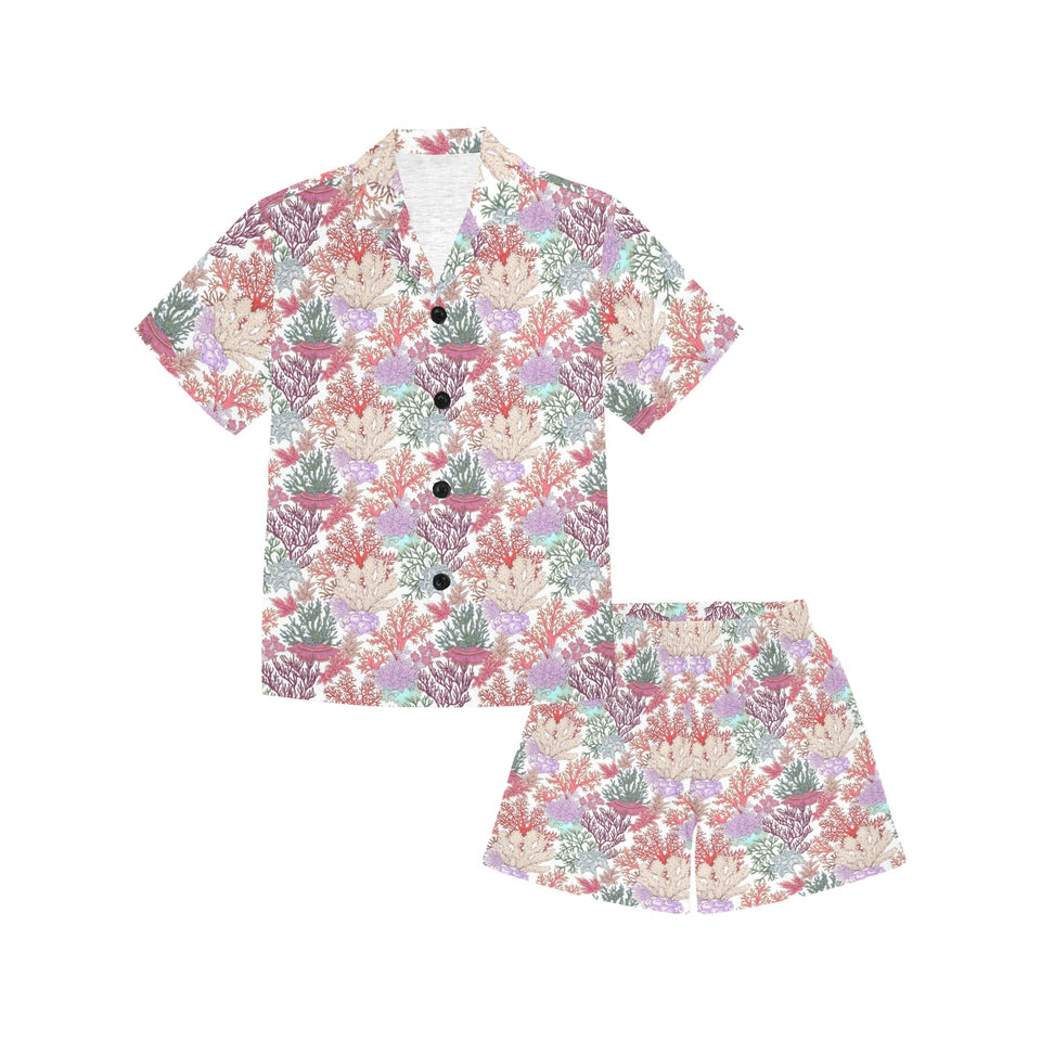 Coral Reef Pattern Print Design 03 Kids' Boys' Girls' V-Neck Short Pajama Set