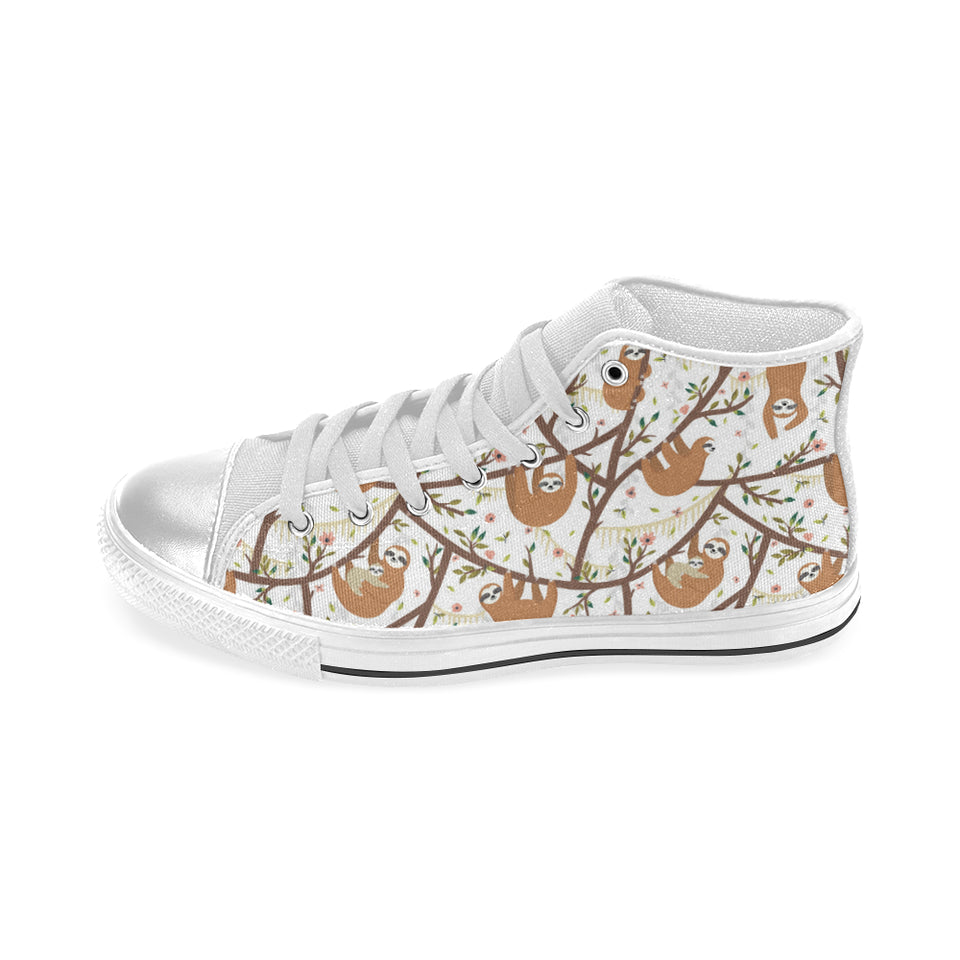 Sloths hanging on the tree pattern Women's High Top Canvas Shoes White