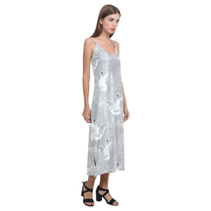 white swan gray background V-Neck Open Fork Long Dress