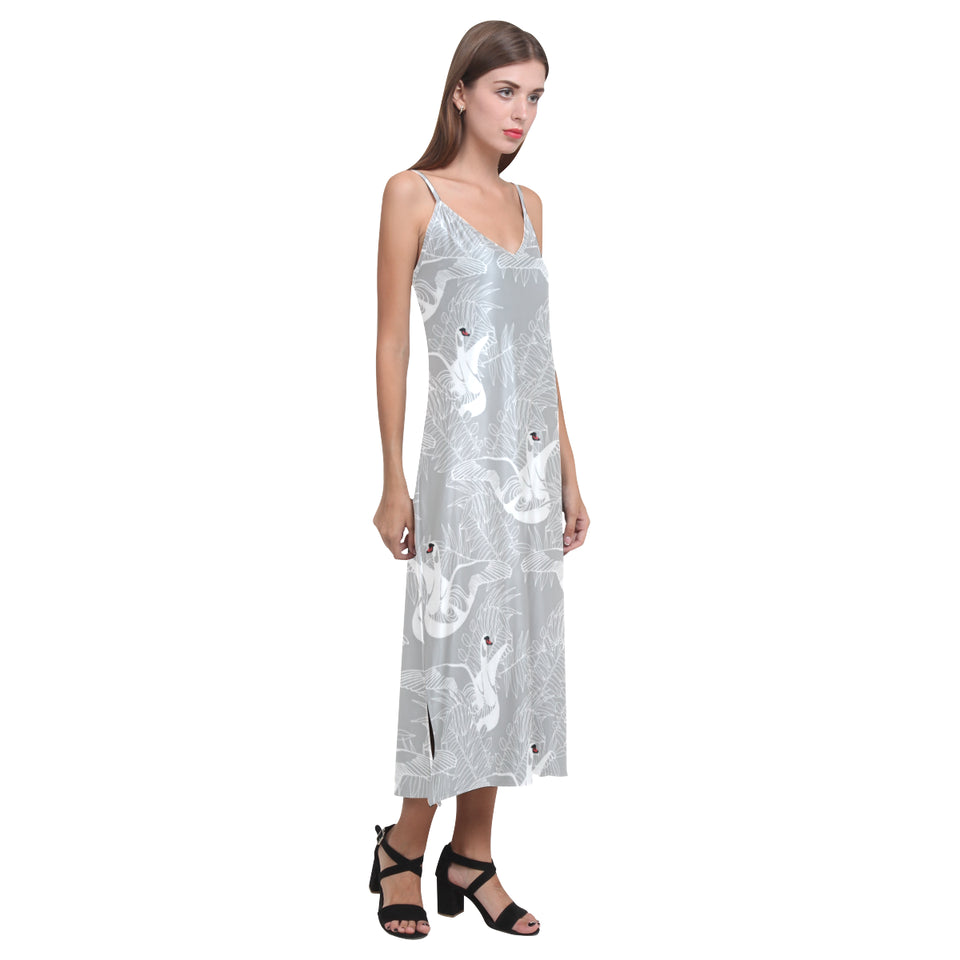 white swan gray background V-Neck Open Fork Long Dress