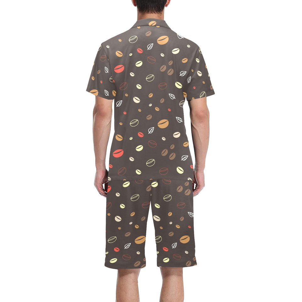 Coffee bean leave pattern Men's V-Neck Short Pajama Set