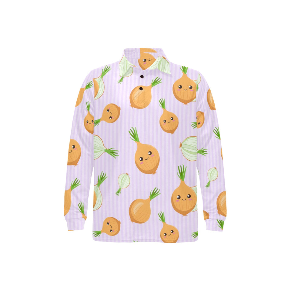 cute onions smiling faces purple background Men's Long Sleeve Polo Shirt