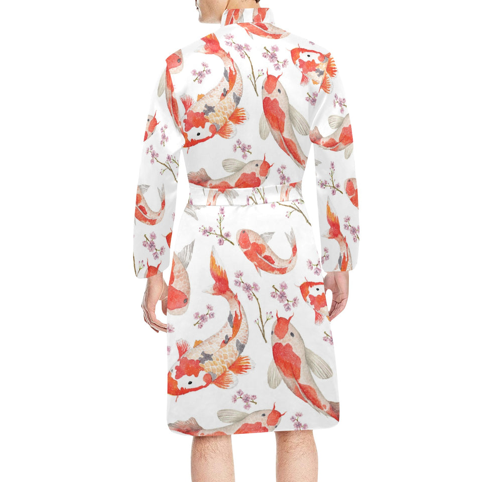 Watercolor Koi Fish Carp Fish pattern Men's Long Sleeve Belted Night Robe