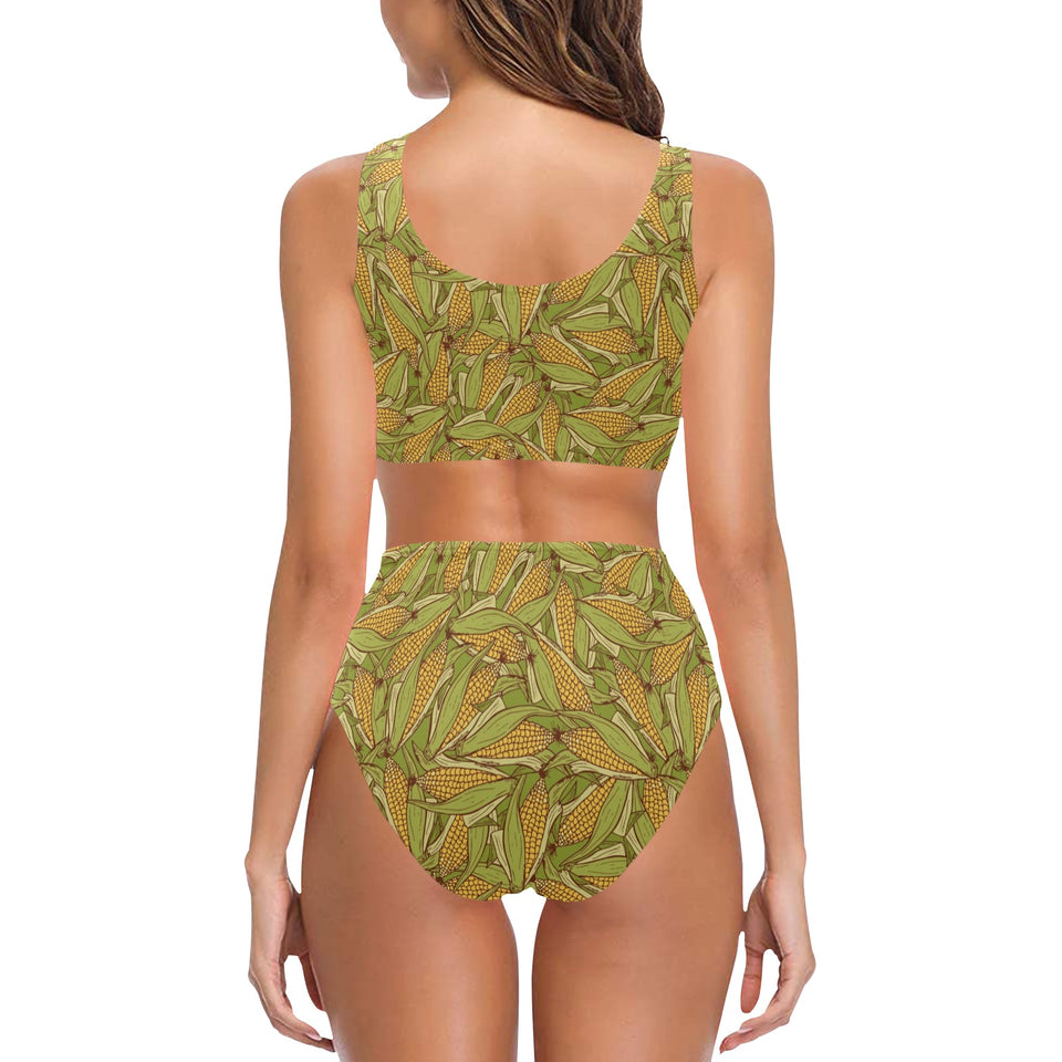 Corn Pattern Print Design 01 Chest Bowknot High Waisted Bikini Swimsuit