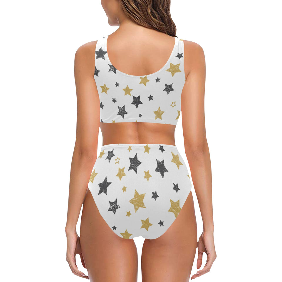 hand drawn gold black star pattern Chest Bowknot High Waisted Bikini Swimsuit