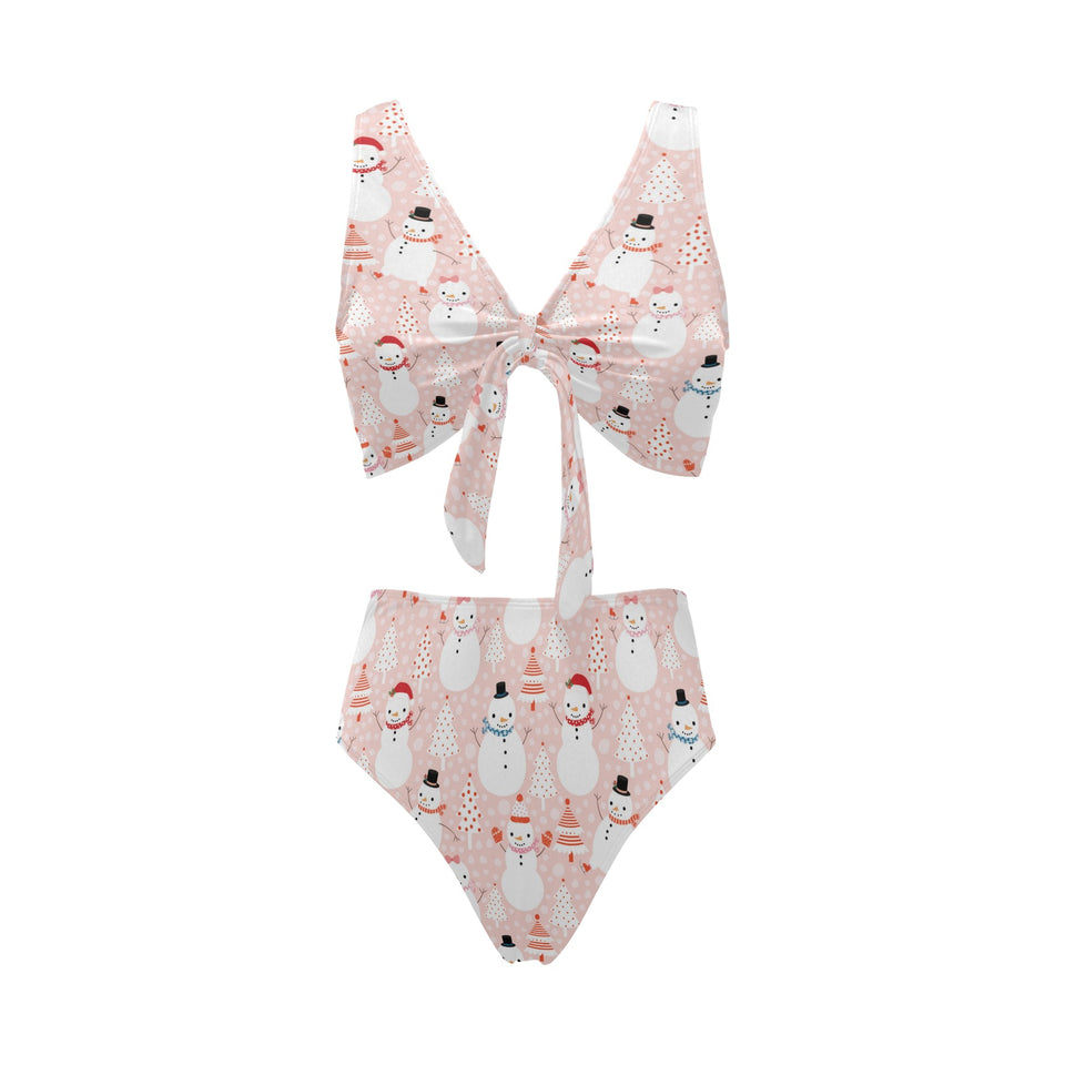 Cute snowman christmas tree snowpink background Chest Bowknot High Waisted Bikini Swimsuit