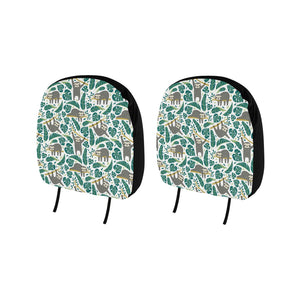 Cute sloths tropical palm leaves white background Car Headrest Cover