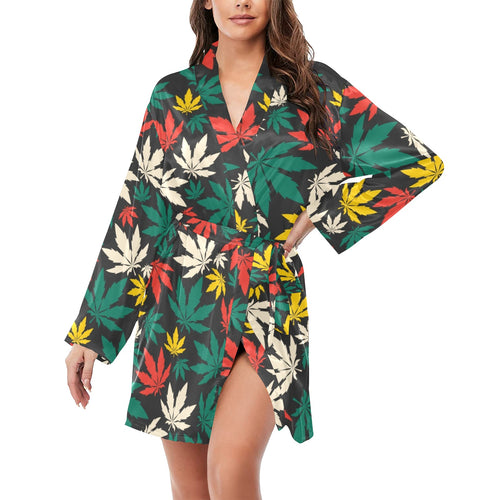 Canabis Marijuana Weed Pattern Print Design 02 Women's Long Sleeve Belted Night Robe