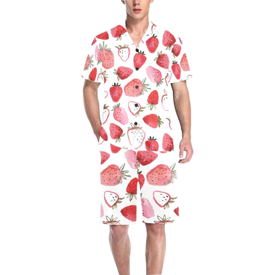 watercolor hand drawn beautiful strawberry pattern Men's V-Neck Short Pajama Set