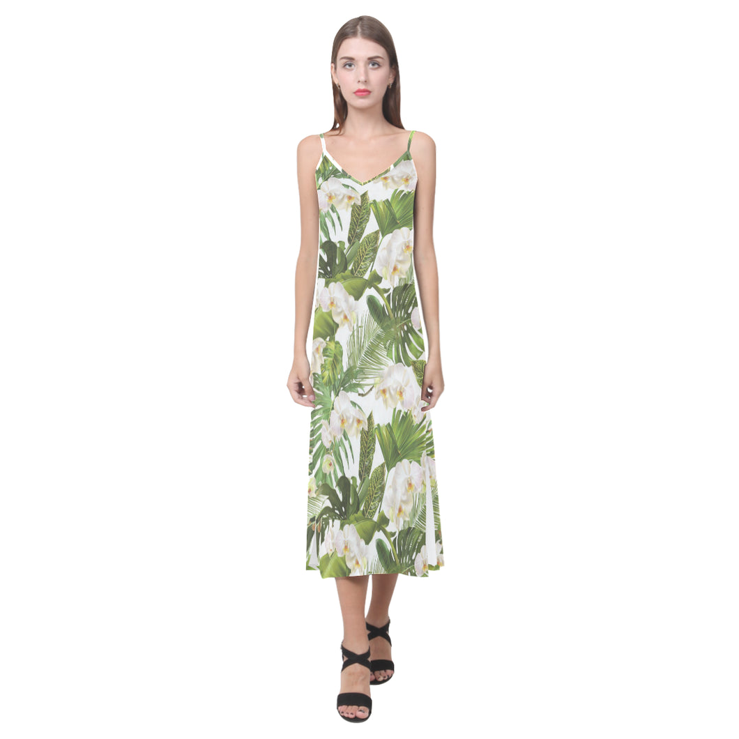 White orchid flower tropical leaves pattern V-Neck Open Fork Long Dress