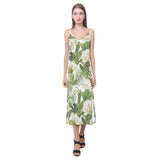 White orchid flower tropical leaves pattern V-Neck Open Fork Long Dress