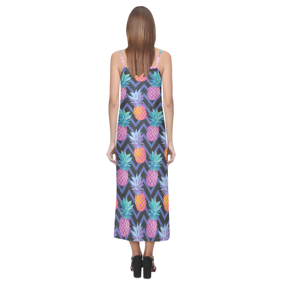 Pineapples pattern zigzag background V-Neck Open Fork Long Dress