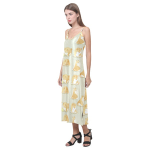 Cute fat shiba inu dog pattern V-Neck Open Fork Long Dress
