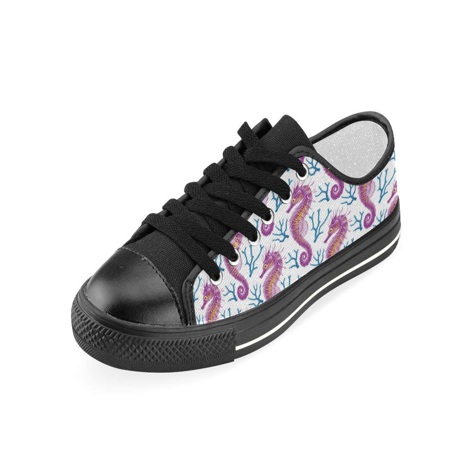 Purple seahorse blue coral pattern Kids' Boys' Girls' Low Top Canvas Shoes Black