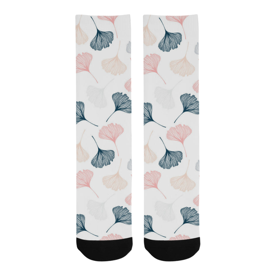 Black Gray Cream coral ginkgo leaves pattern Crew Socks