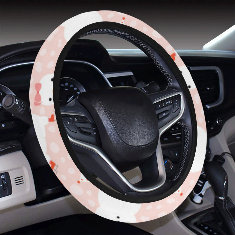 Cute snowman christmas tree snowpink background Car Steering Wheel Cover