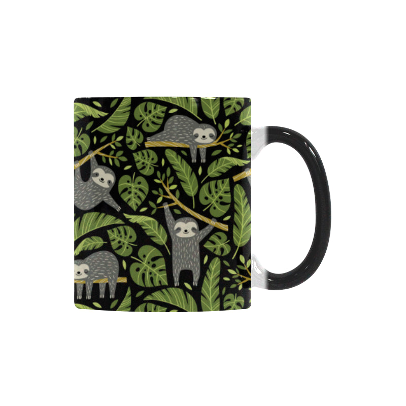 Cute sloths tropical palm leaves black background Morphing Mug Heat Changing Mug