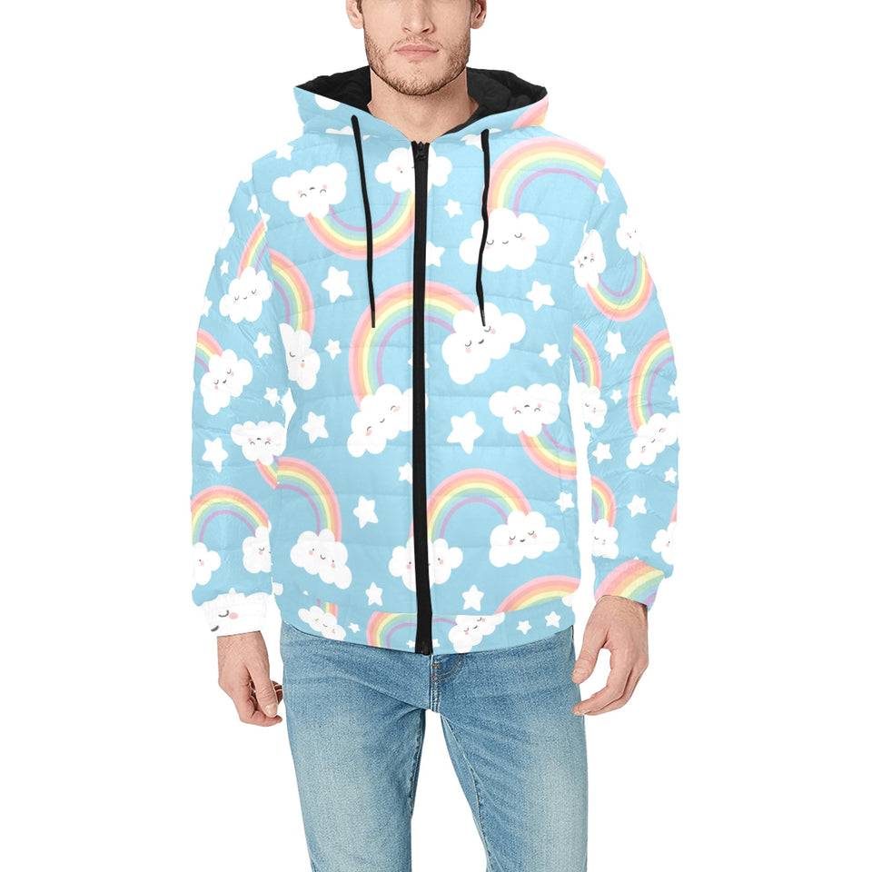 Cute rainbow clound star pattern blue background Men's Padded Hooded Jacket