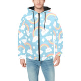 Cute rainbow clound star pattern blue background Men's Padded Hooded Jacket