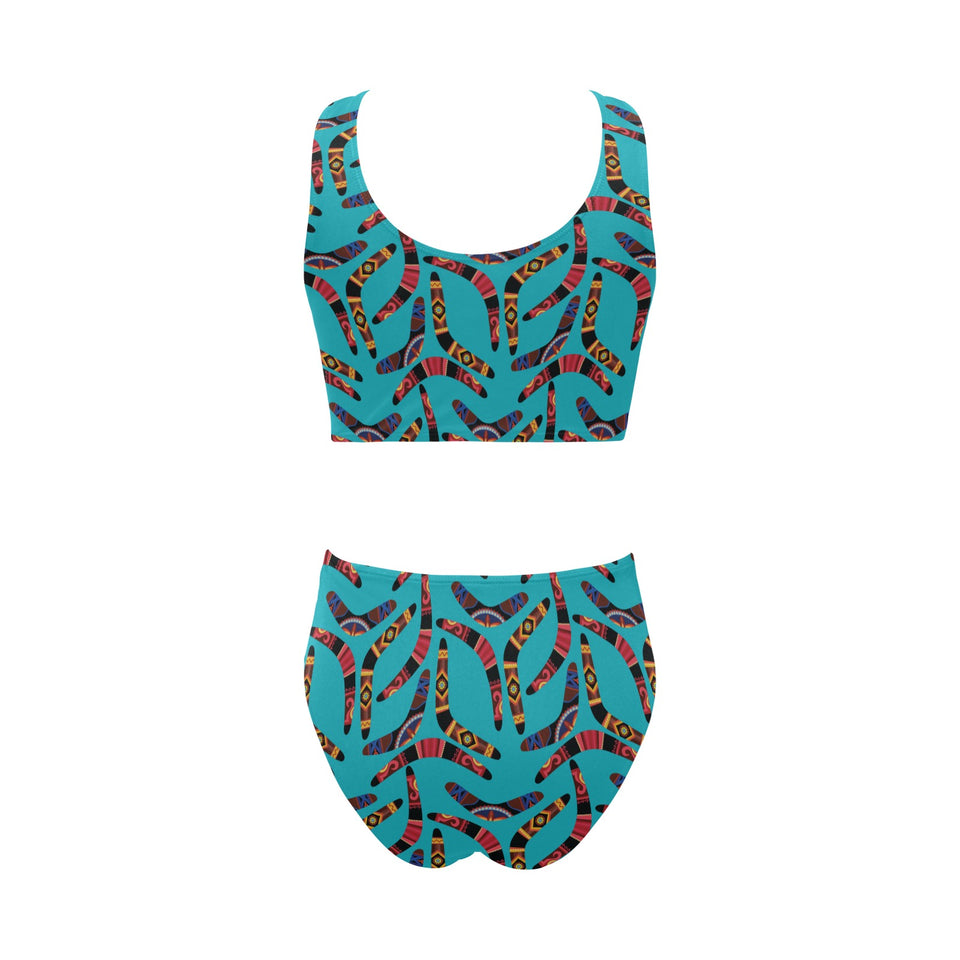 Boomerang Australian aboriginal ornament blue back Chest Bowknot High Waisted Bikini Swimsuit
