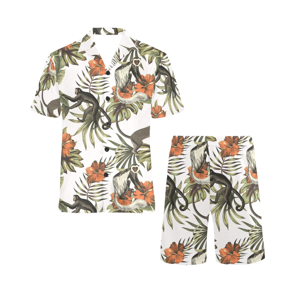 Monkey red hibiscus flower palm leaves floral patt Men's V-Neck Short Pajama Set